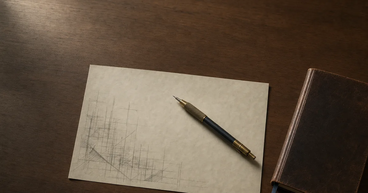 Walnut drafting desk with cream tracing paper, partial faded line-work, and a vintage mechanical pencil