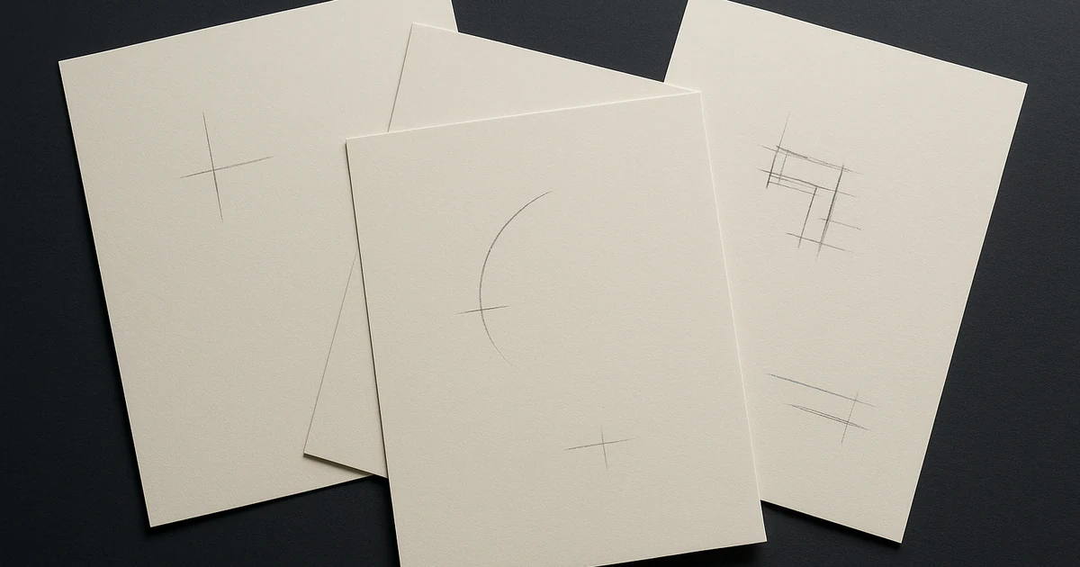 Four off-white drafting sheets fanned across a deep-ink desk surface with partial graphite mark-making and a single faded ink-blue accent