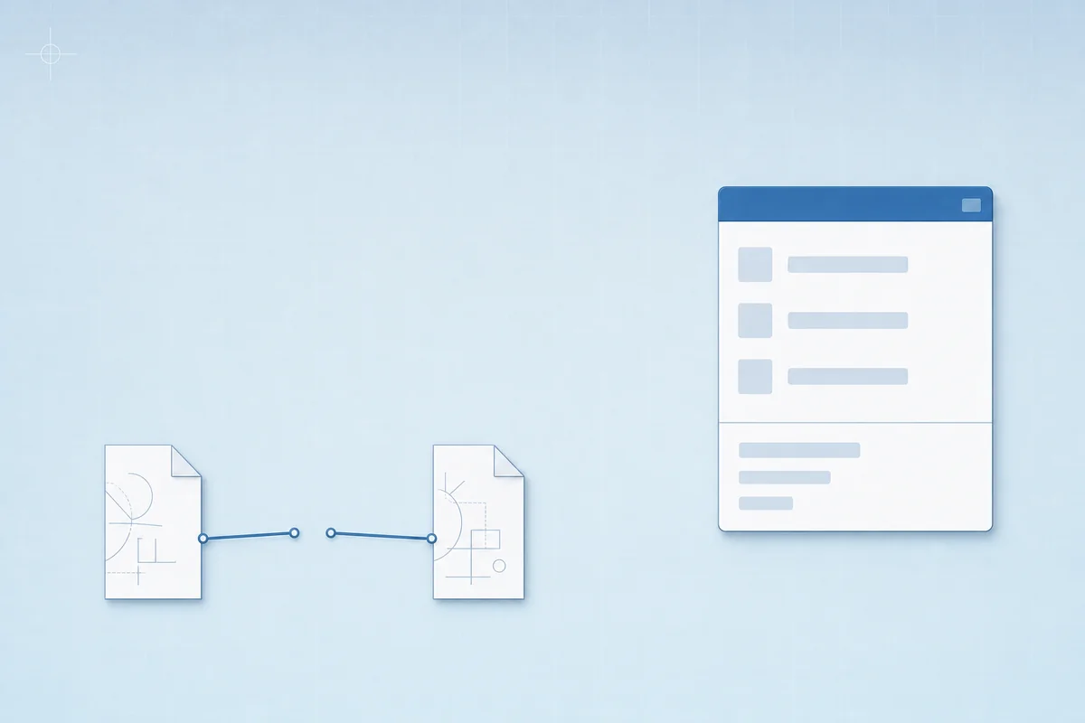 Editorial illustration: reference palette window and two linked drawing sheets with one broken link, in a Cool blue palette