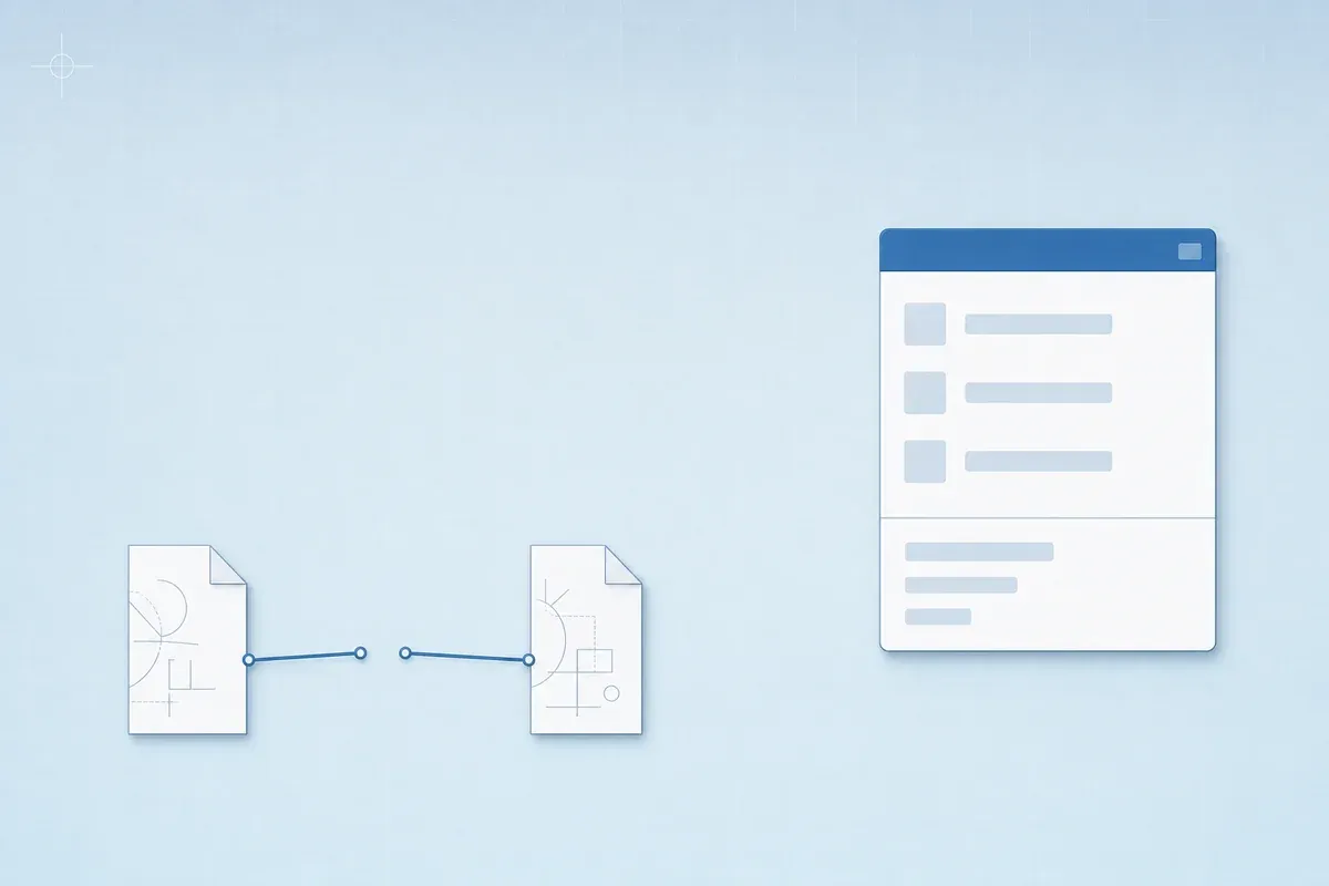 Editorial illustration: reference palette window and two linked drawing sheets with one broken link, in a Cool blue palette