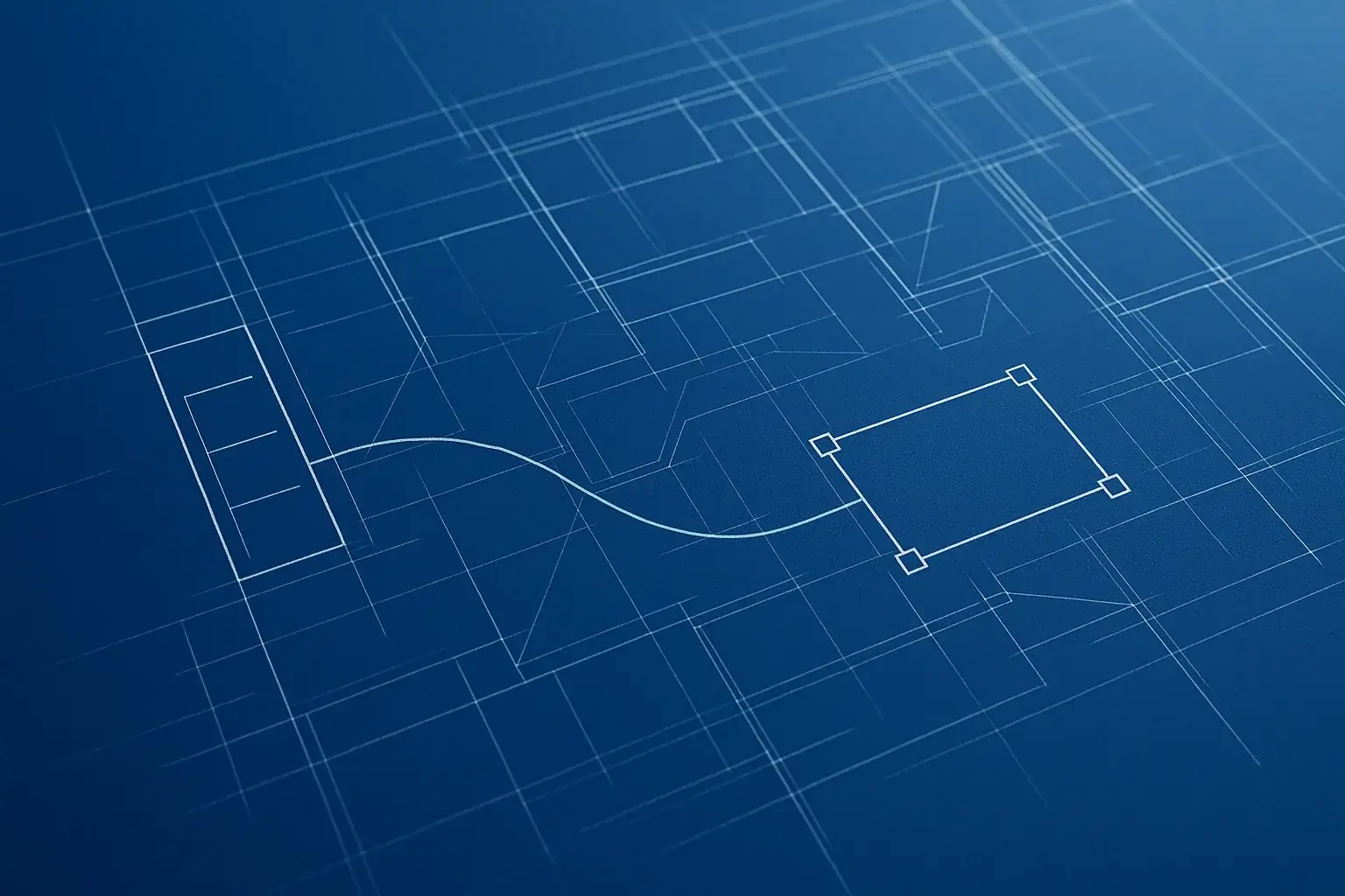 Editorial illustration: a stylised AI side-panel glyph adjacent to a parametric block with floating action handles, in a Cool blue palette