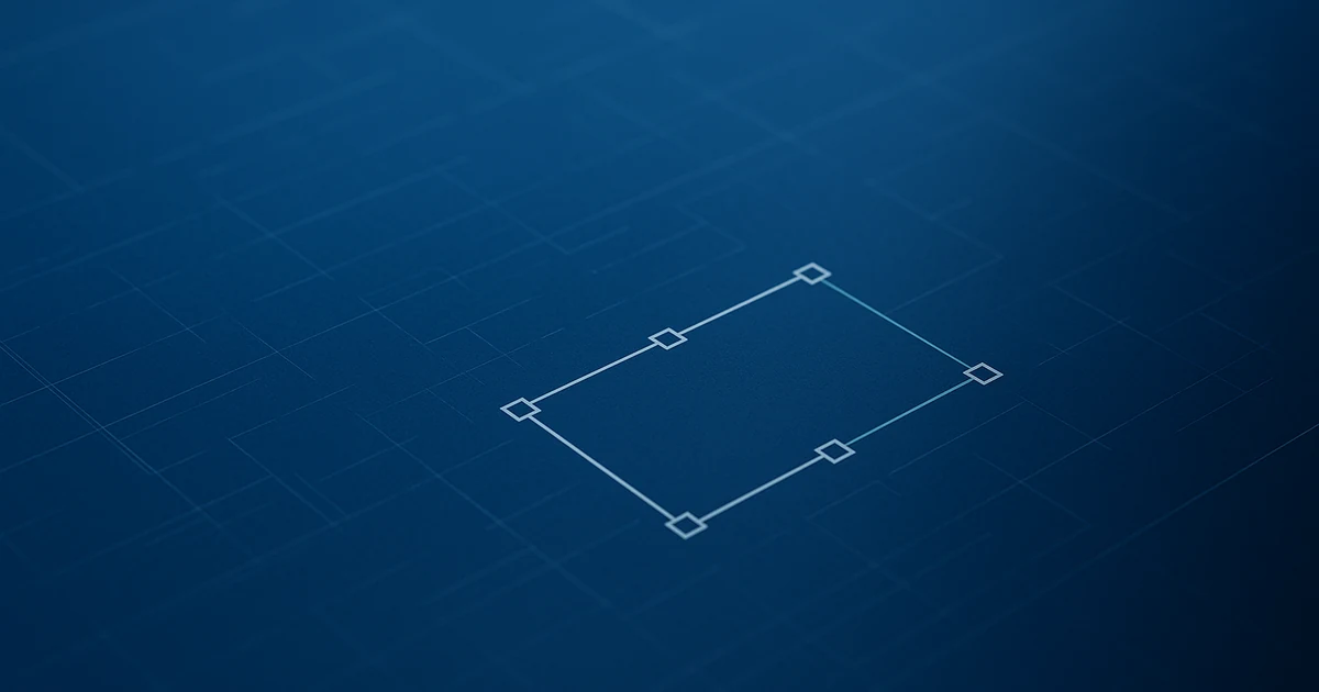 Editorial illustration: a stylised parametric block surrounded by floating action handles, with a small parametric-block icon lower-left, in a Cool blue palette