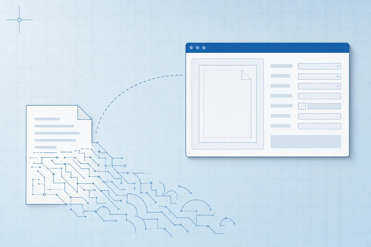 Editorial illustration: stylised import dialog with a PDF page dissolving into vector line-work, in a Cool blue palette