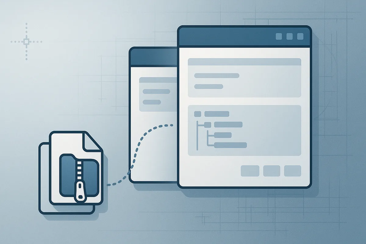 Editorial illustration: two stacked AutoCAD-style dialogs with a zipper-bound file archive lower-left, in a Cool blue palette