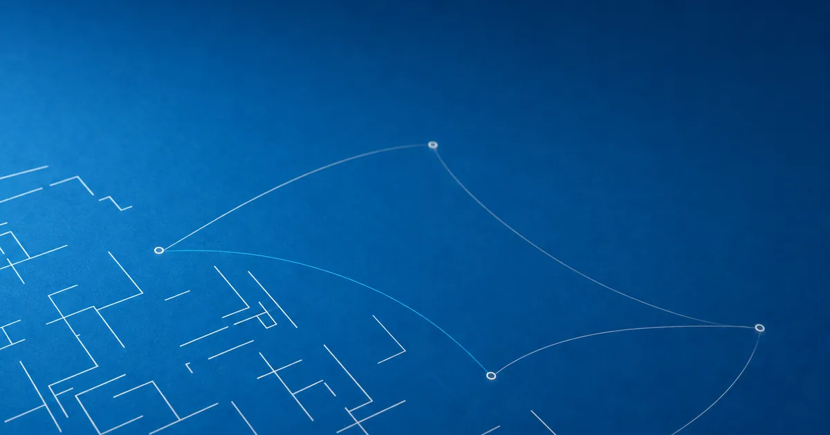Abstract modern blueprint surface in saturated blue with partial white line-work and thin connector lines linking faint node points