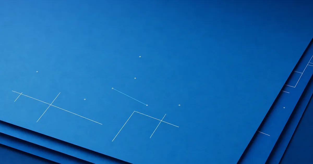 Stack of layered modern blueprint surfaces in saturated blue with partial white line-work fragments and faint node points