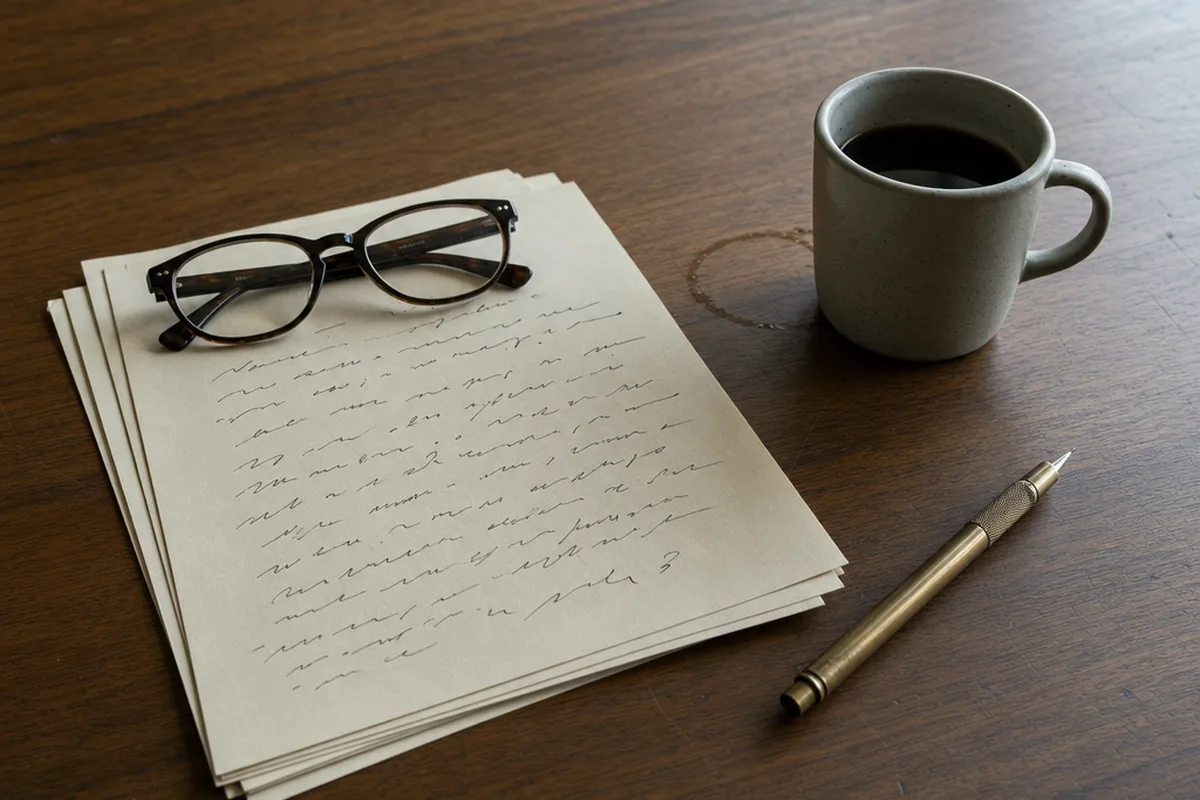 Stack of cream sketch sheets with margin notes, a coffee cup, and folded reading glasses on a walnut desk