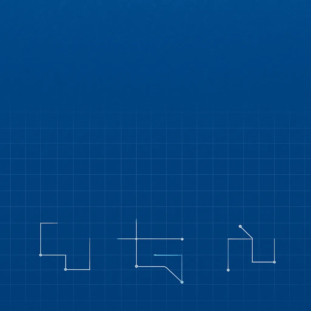 Top-down blueprint with a faint partial white grid and small clusters of fragmentary line-work in the lower portion