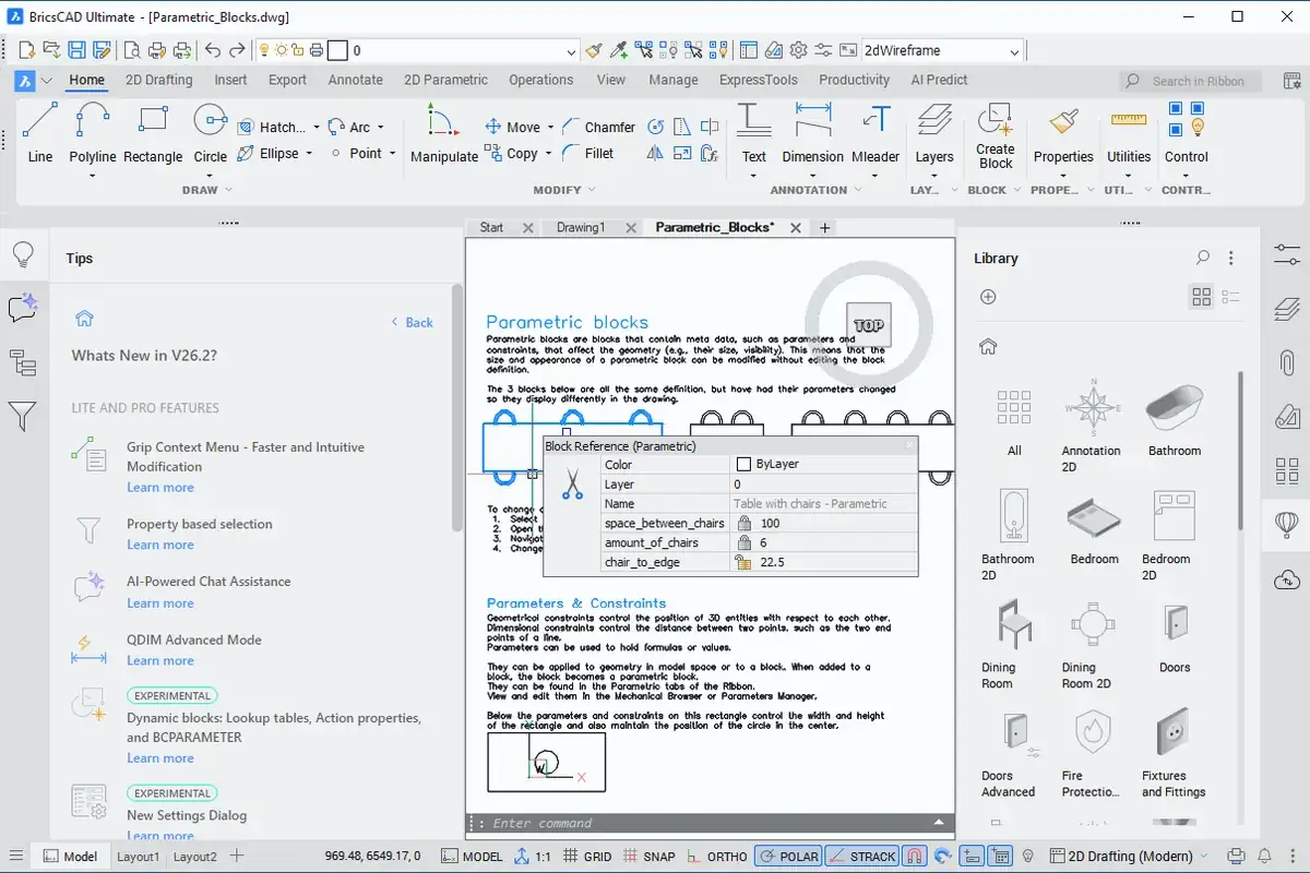 BricsCAD V26.2 in-product What's New panel docked beside the drawing area, listing the release's new and enhanced features