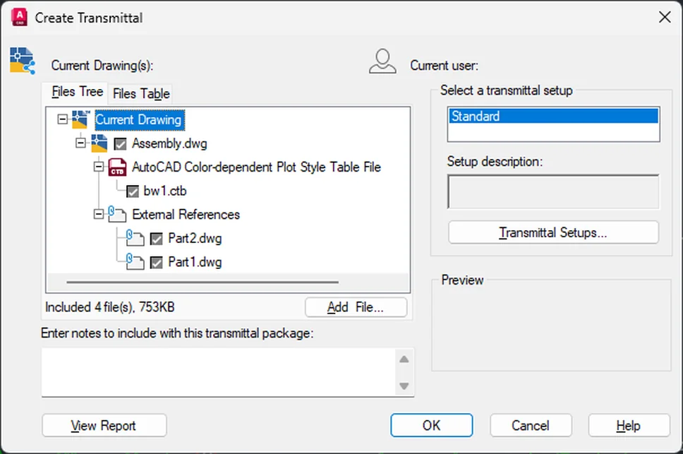 AutoCAD Create Transmittal dialog with file tree showing the active drawing, plot style table, and two external references