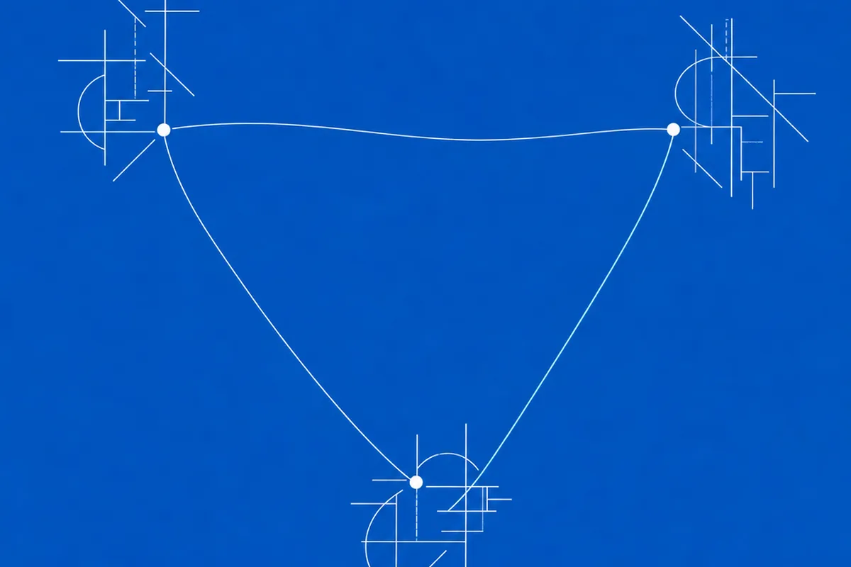 Top-down blueprint with three small geometric clusters connected by thin white curving lines through node points