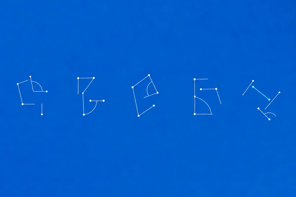 Top-down blueprint with five small separate geometric clusters of partial white line-work arranged across the middle