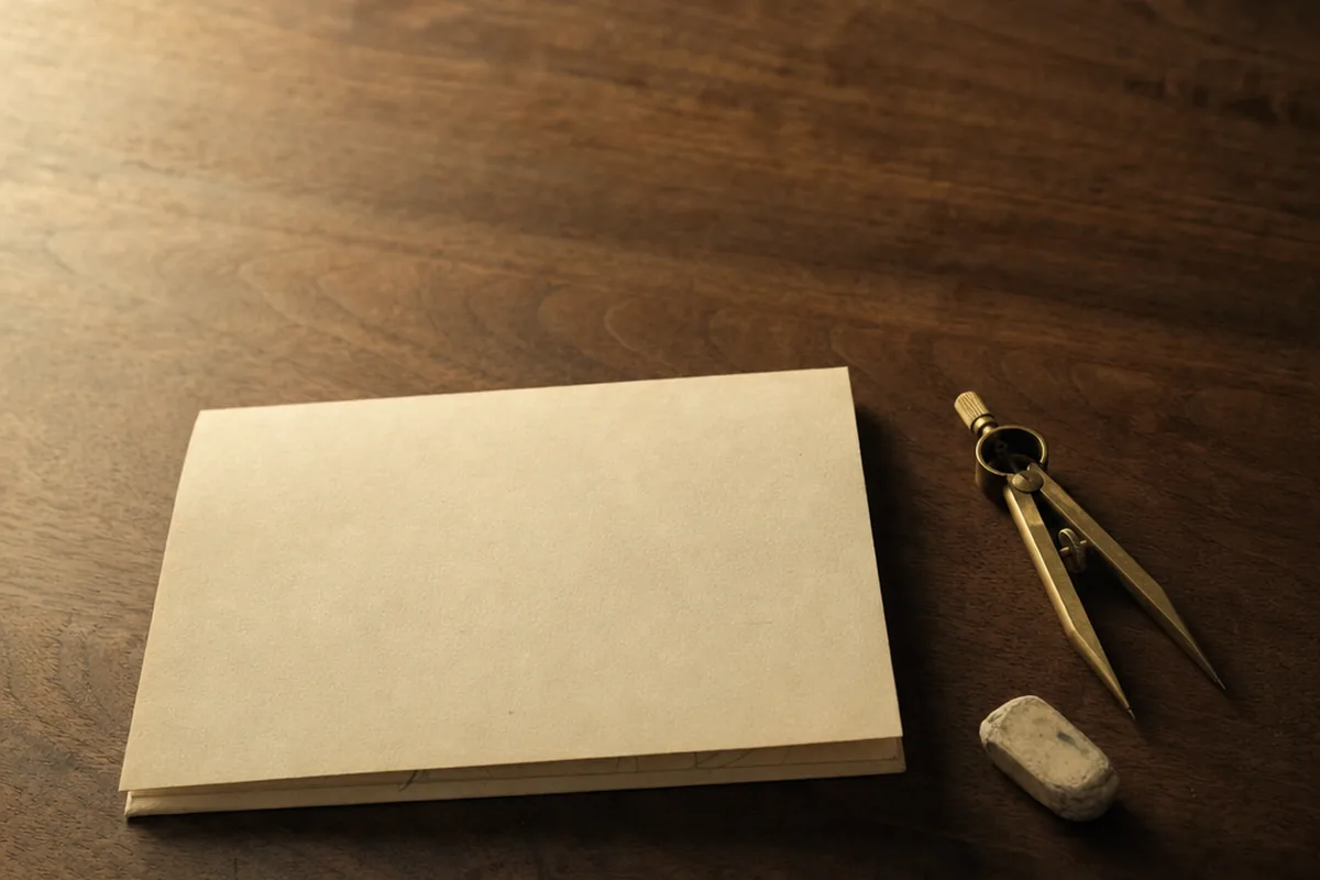 Folded cream paper with faint partial line-work, a closed brass drafting compass, and a worn eraser on walnut