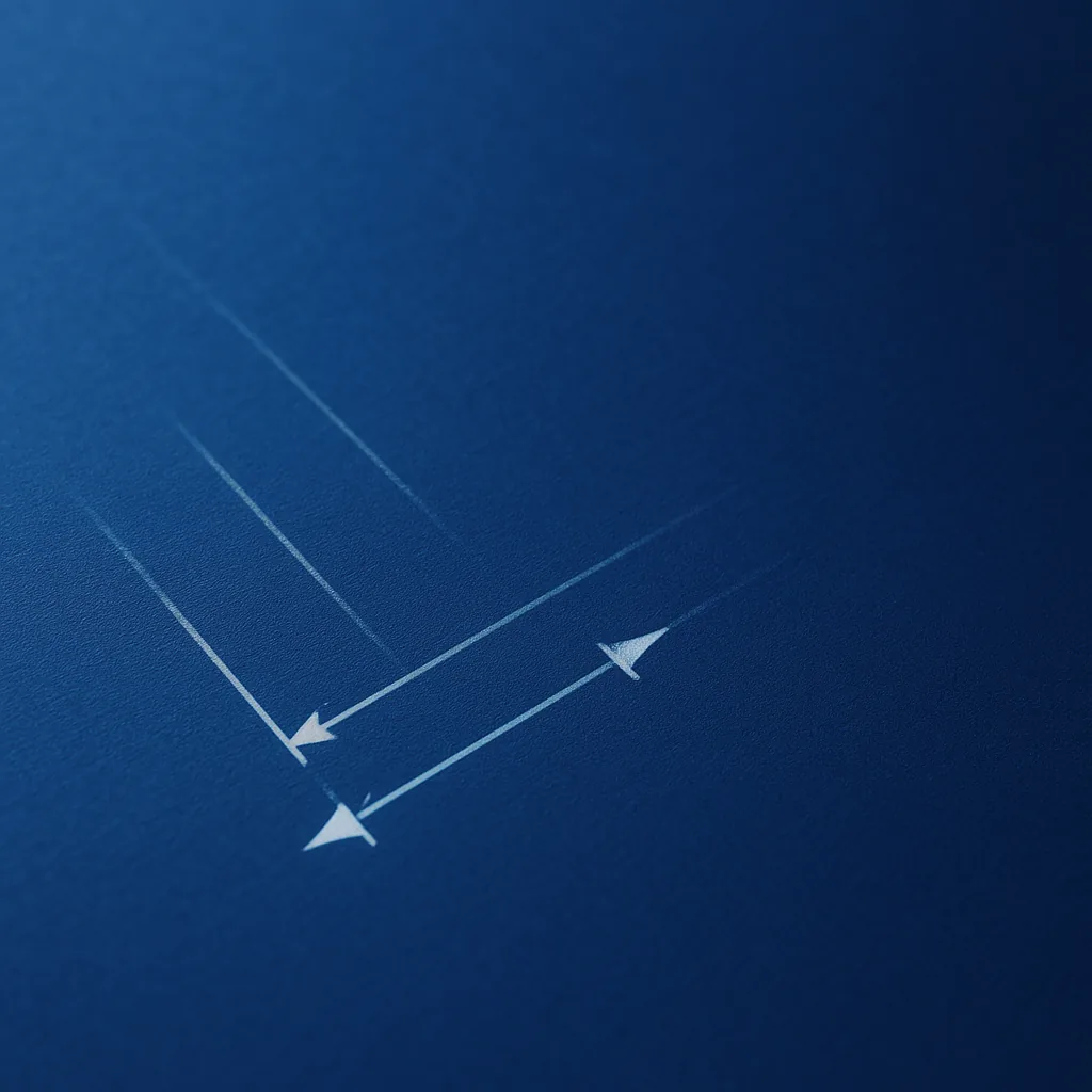 Angled blueprint close-up with an abstracted dimensioning fragment of white extension lines and arrow terminations fading into deep blue