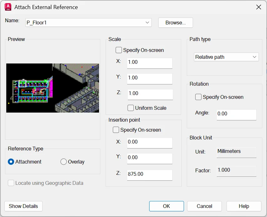 Attach External Reference dialog with Reference Type and Path type options