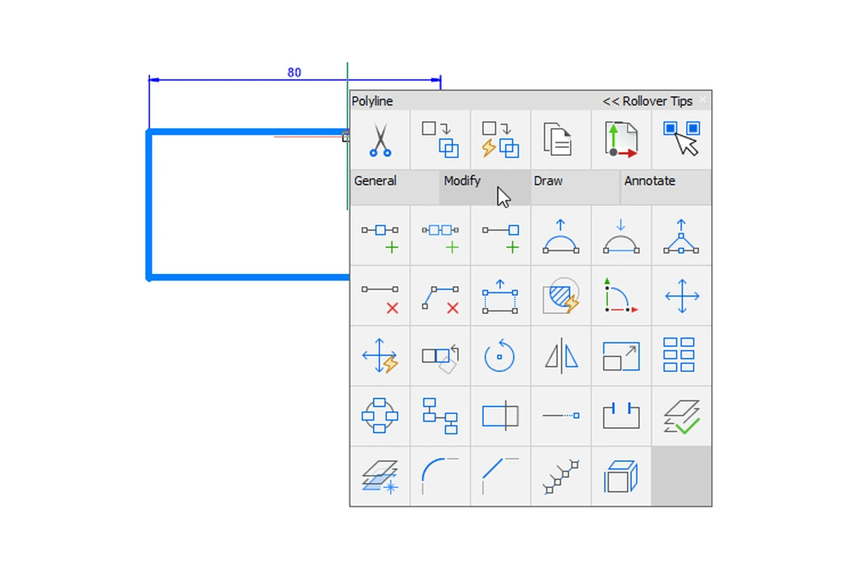 BricsCAD Quad cursor floating over a polyline, showing the Modify tab of entity-context commands