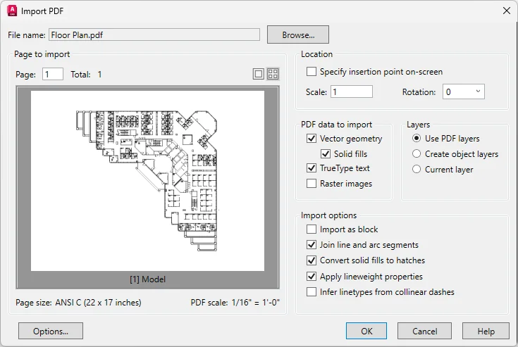 AutoCAD Import PDF dialog with the page preview, import groups, and PDF scale readout