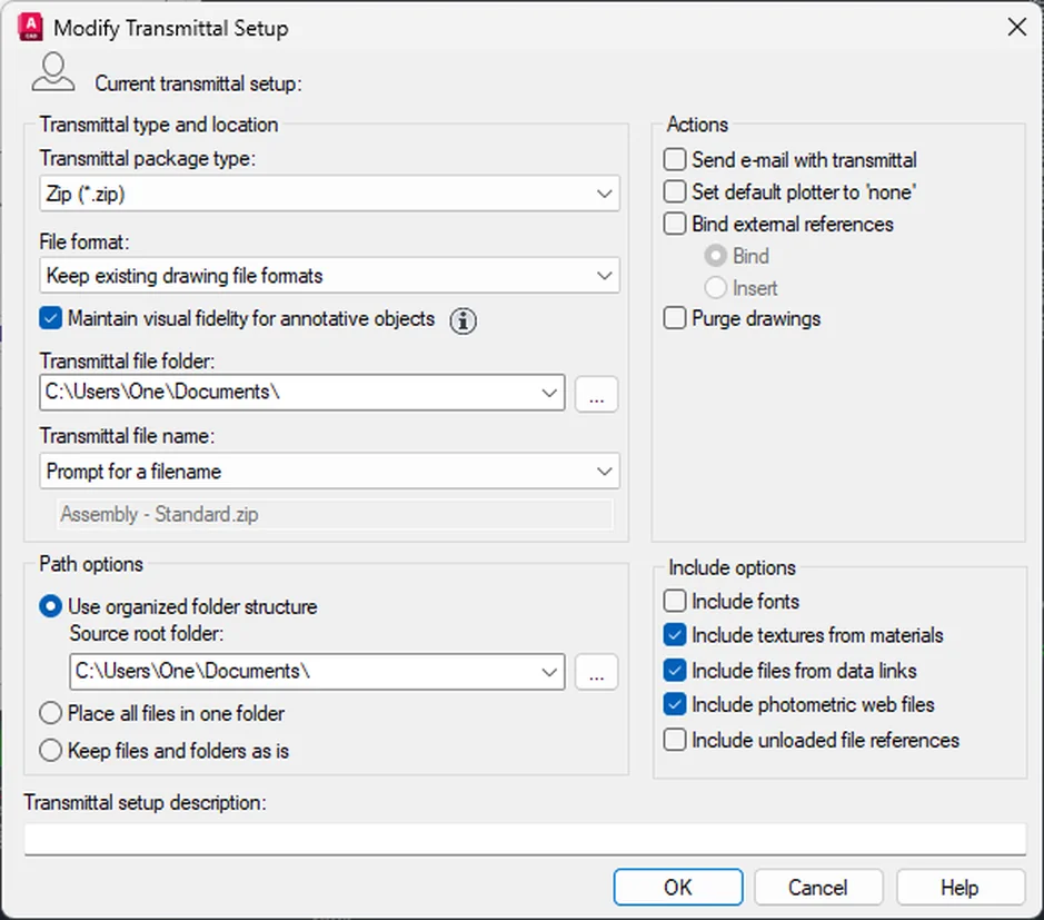 AutoCAD Modify Transmittal Setup dialog showing package type, file format, path options, actions, and include options