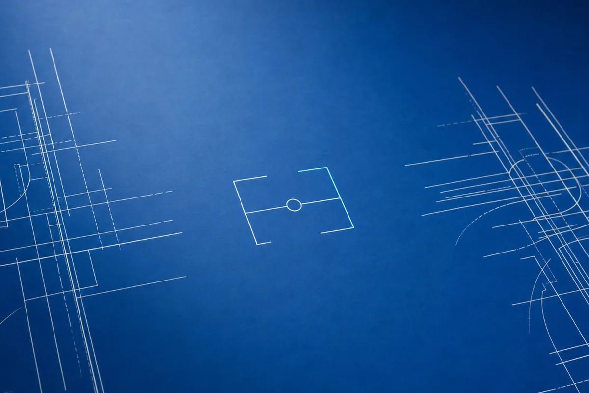 Angled blueprint surface with two abstract line-work fragments on the left and right, and a small geometric gate form between them