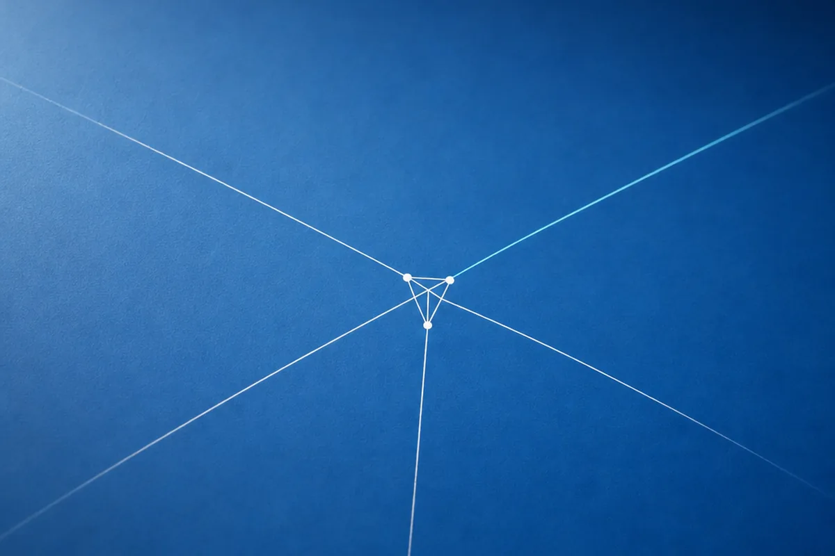 Angled blueprint surface with a small central geometric anchor form and several thin white lines converging into it from the frame edges