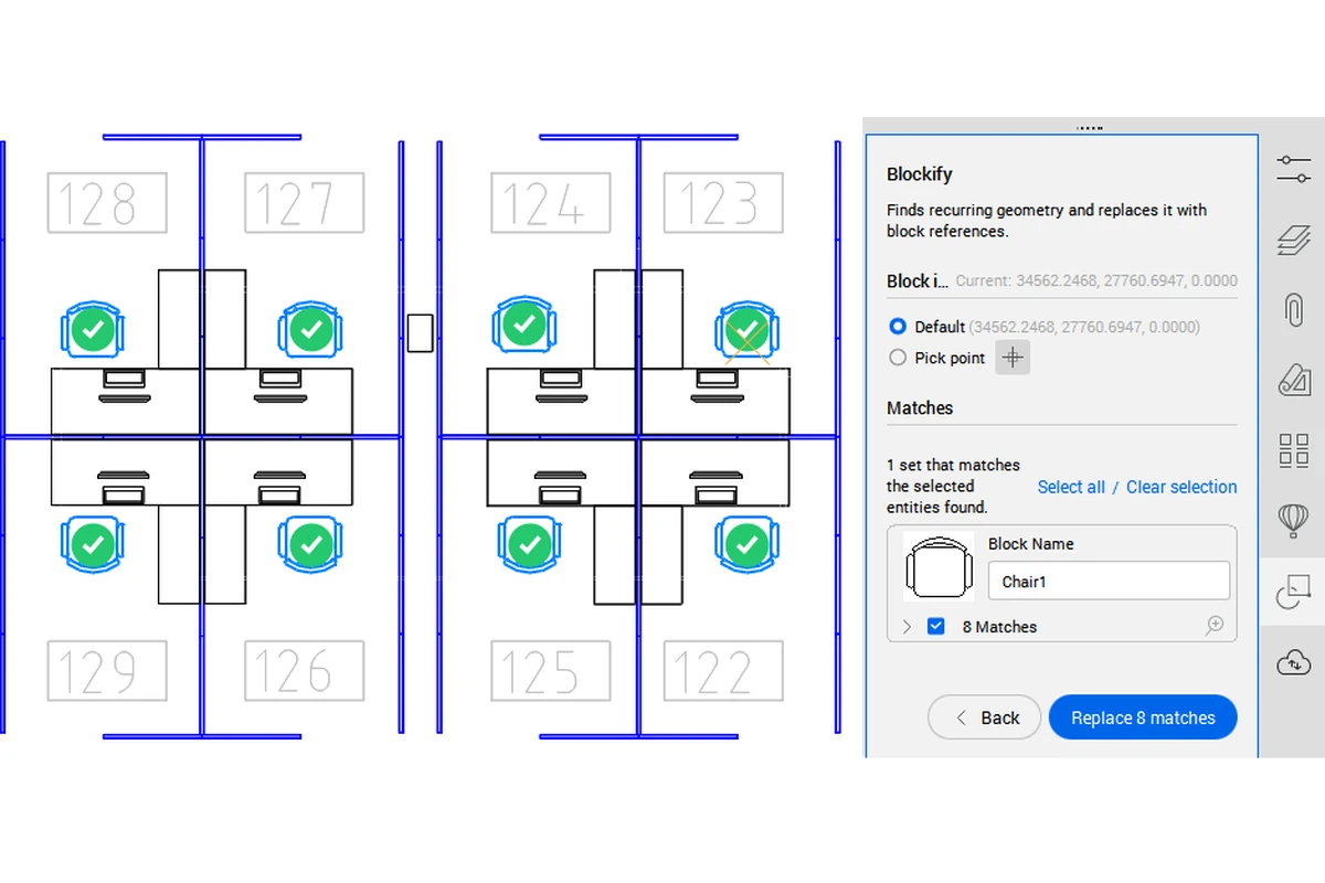 BricsCAD Blockify dialog showing eight matched workstation units in an office floor plan, with replace-all action available