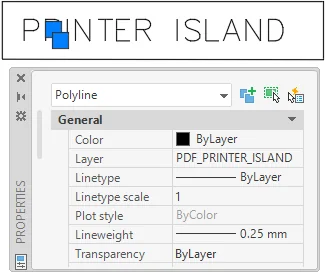 Properties palette showing imported SHX text as Polyline geometry