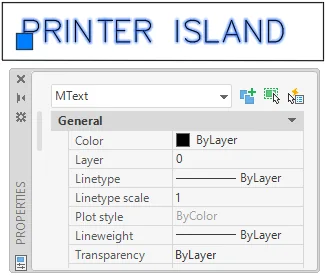 Properties palette showing the same text now reported as MText